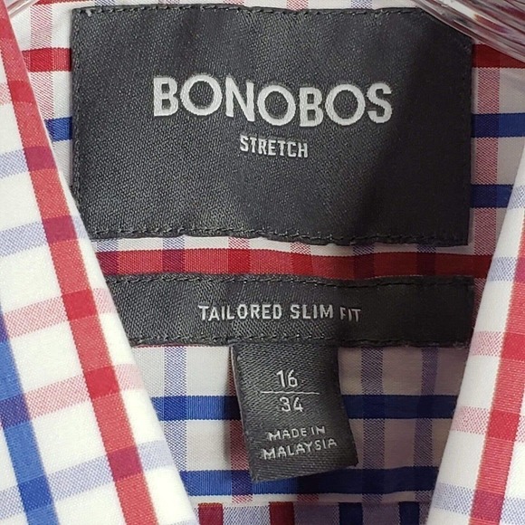 Bonobos Men's 16/34 M Long Sleeve Red Blue Plaid Button Down Tailored Slim Fit - Picture 4 of 8